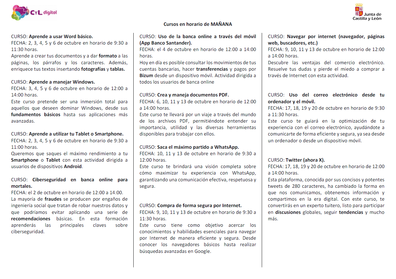 Cursos formación presencial CyL Digital Salamanca para octubre 2023