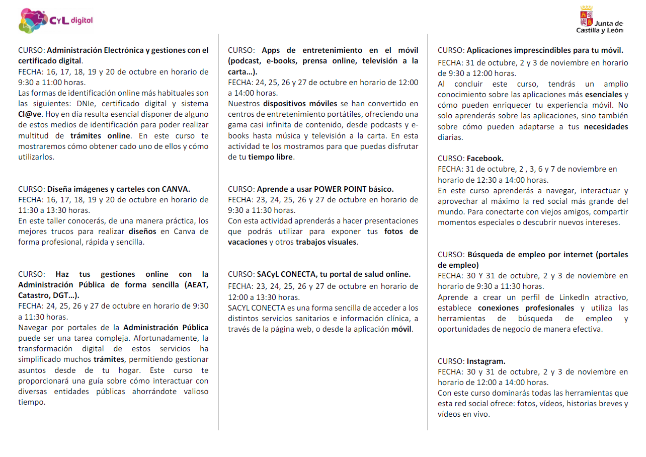Cursos formación presencial CyL Digital Salamanca para octubre 2023