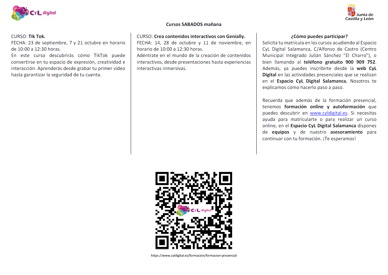 Cursos formación presencial CyL Digital Salamanca para octubre 2023